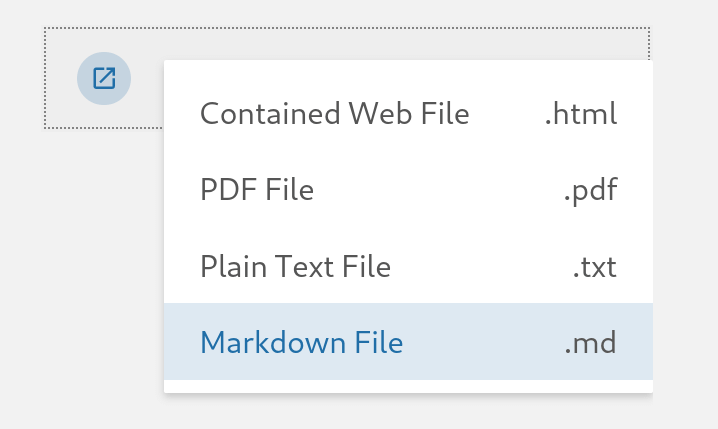 List of page export options including markdown