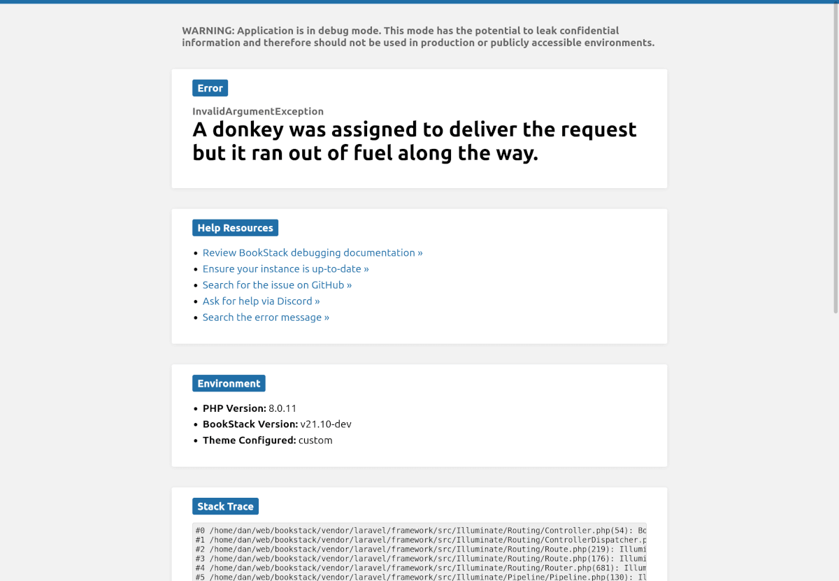 Preview of the page BookStack error debug view