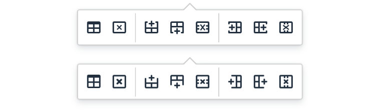Table toolbar icons comparison, original icons on top, new icons below