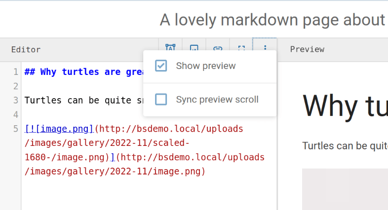 Dropdown menu in the top-left corner of the Markdown editor