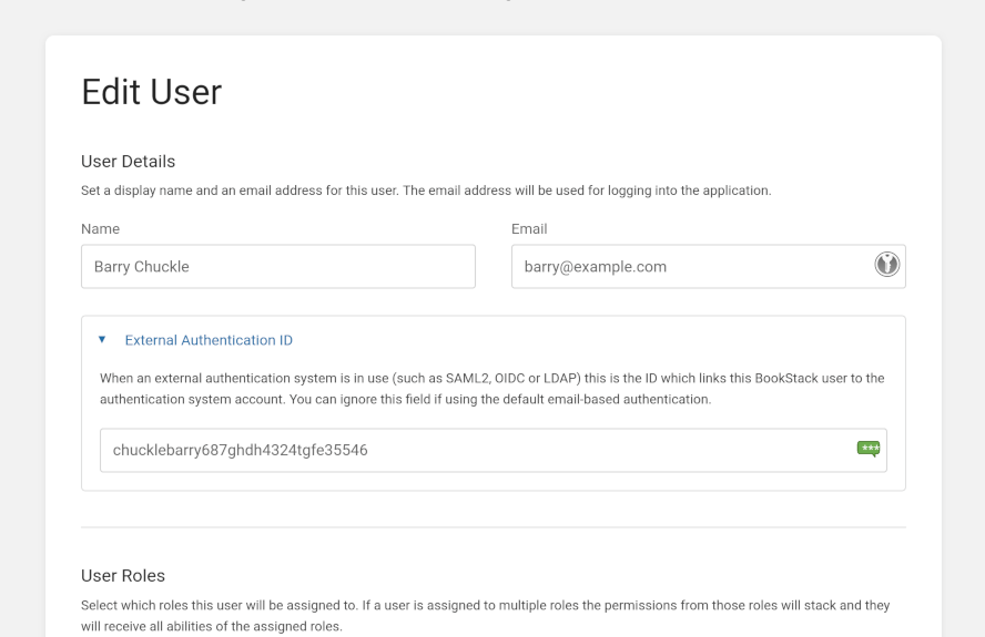 &ldquo;Edit User&rdquo; form focused on a &ldquo;External Authentication ID&rdquo; section and form field