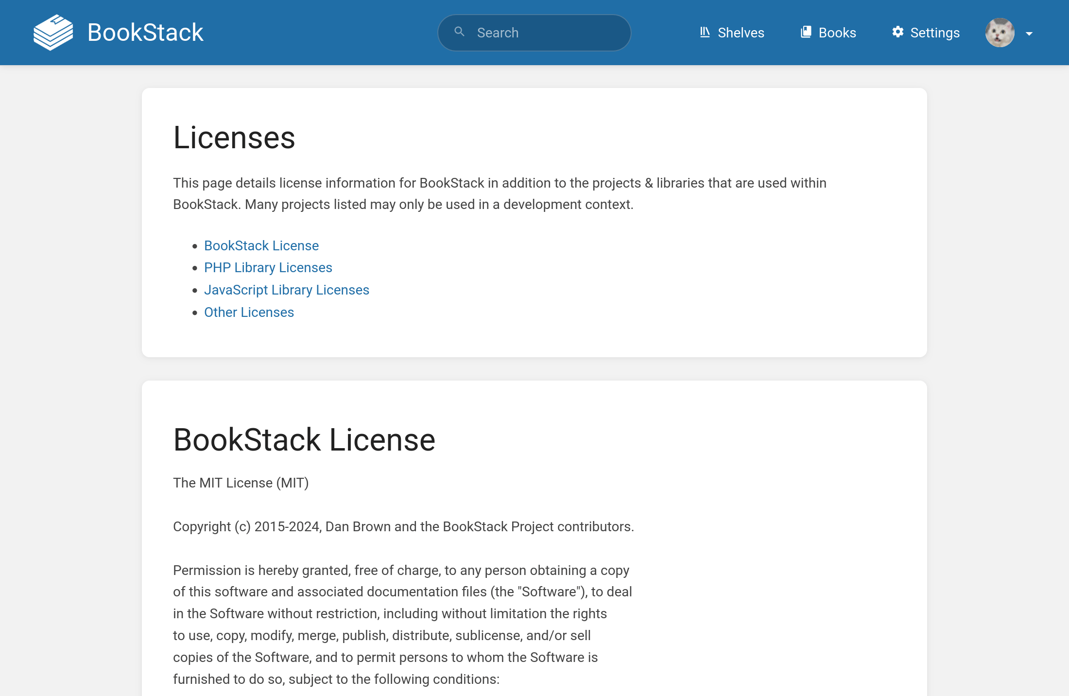 Screenshot of a new BookStack license page. The text on the page details the license information for BookStack, as well as the projects and libraries that are used within BookStack.