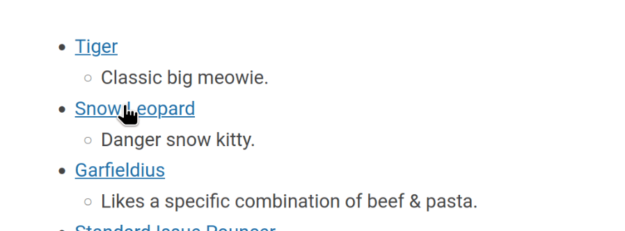Bullet list of links about types of cats, with all links blue and underlined