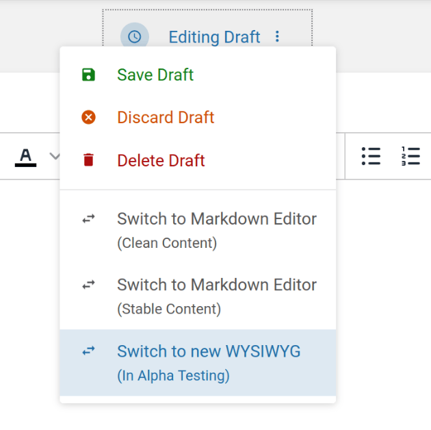 View of the page editor draft menu with a &ldquo;Switch to new WYSIWYG&rdquo; option highlighted, with text below it stating &ldquo;(In Alpha Testing)&rdquo;