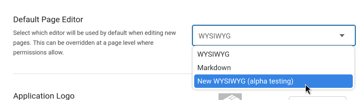 View of the &ldquo;Default page Editor&rdquo; BookStack setting, with the mouse hovering a &ldquo;New WYSIWYG (alpha testing)&rdquo; option