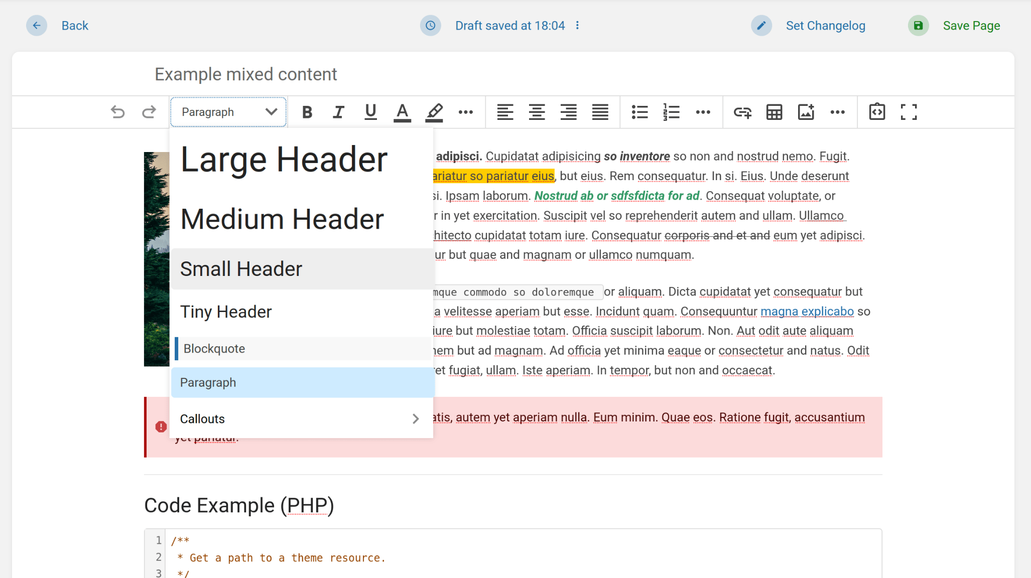 View of the new WYSIWYG editor, with toolbar containing a range of options towards the top, and with a range of content displayed within. The formats menu dropdown is showing presenting a range of heading & other format options