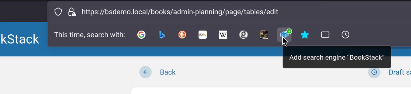 Screenshot of the URL bar in FireFox, with the mouse hovering a BookStack icon with a tooltip stating &ldquo;Add search engine BookStack&rdquo;