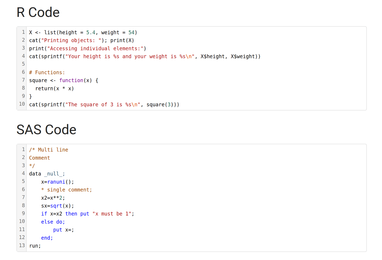 View of code content in BookStack, one block of R code and one block of SAS code, with text in both showing in a range of colors for different parts of the language