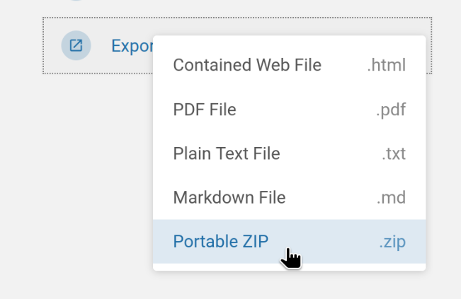 View of the export dropdown in BookStack, with the mouse hovering the 'Portable ZIP' option which sits below 4 other export options