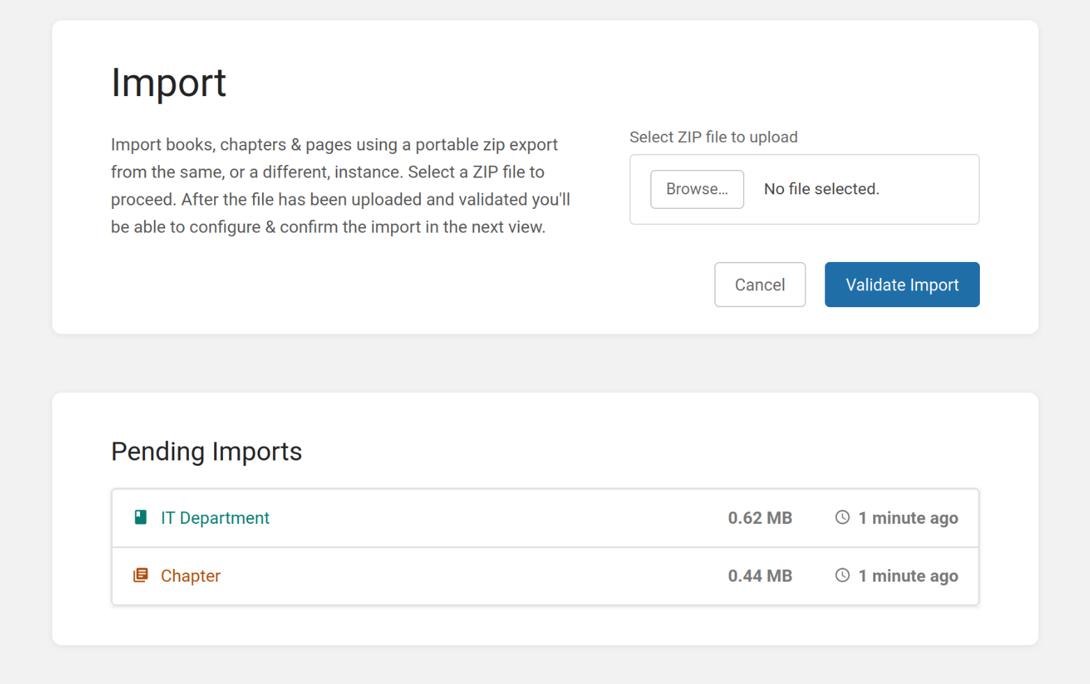 A view in BookStack titled &ldquo;Import&rdquo; with a field to select a ZIP to upload. Below is a &ldquo;Pending Imports&rdquo; section showing two pending imports, on for a book, one for a chapter