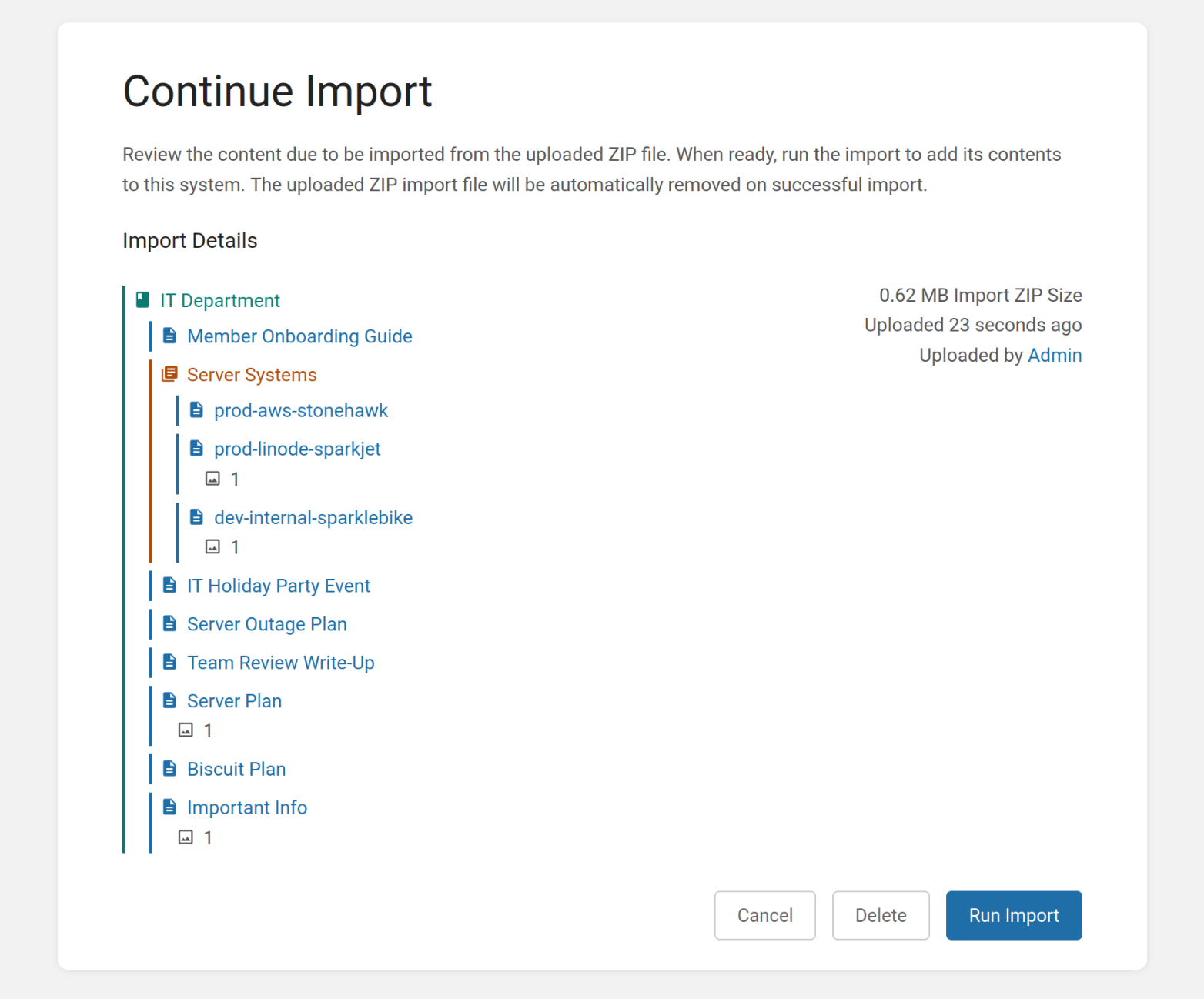 A BookStack view titled &ldquo;Continue import&rdquo; showing details like import ZIP size, upload date and user, along with the various chapters and pages due to be imported