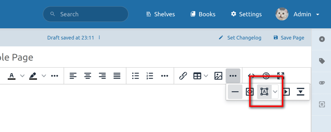 View of the WYSWIYG editor toolbar with the drawing button highlighted