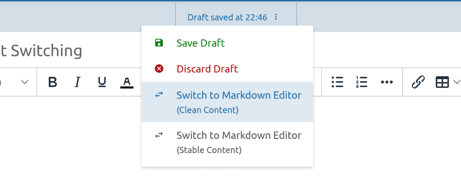 Editor Switch Menu Options