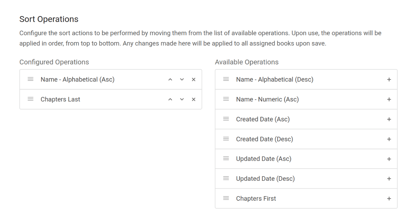 &ldquo;Edit Sort Rule&rdquo; view in BookStack, showing the list of configured sort operations and a larger list of draggable available operations.