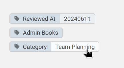 Three tags applied to content. A &ldquo;Reviewed At&rdquo; tag with value &ldquo;20240611&rdquo;. A &ldquo;Admin Books&rdquo; tag with no value. A &ldquo;Category&rdquo; tag with value &ldquo;Team planning&rdquo;